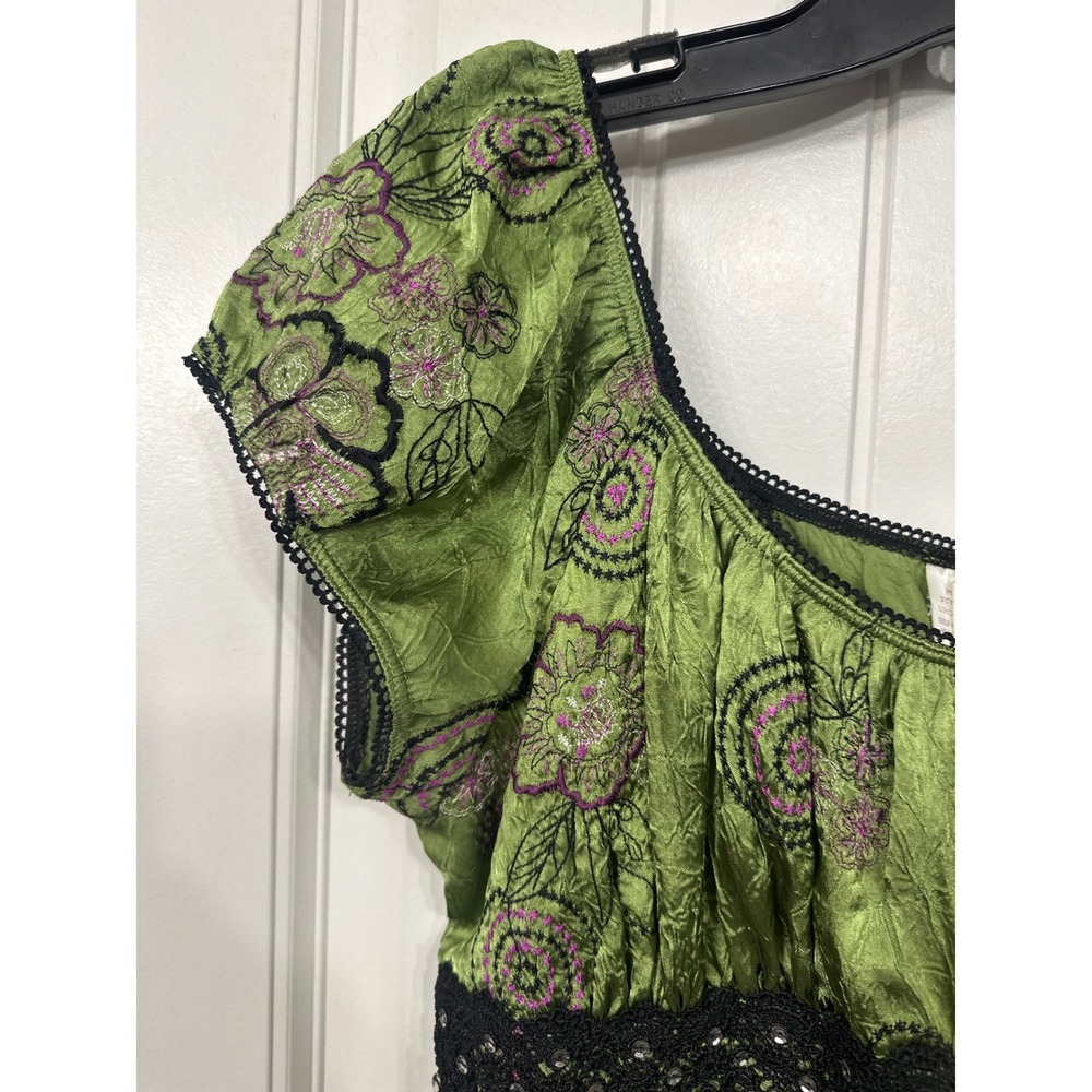 Y2K Heart Soul Green Floral Embroidered Sequin Lace Empire Waist Top Boho Fairy - Picture 2 of 9